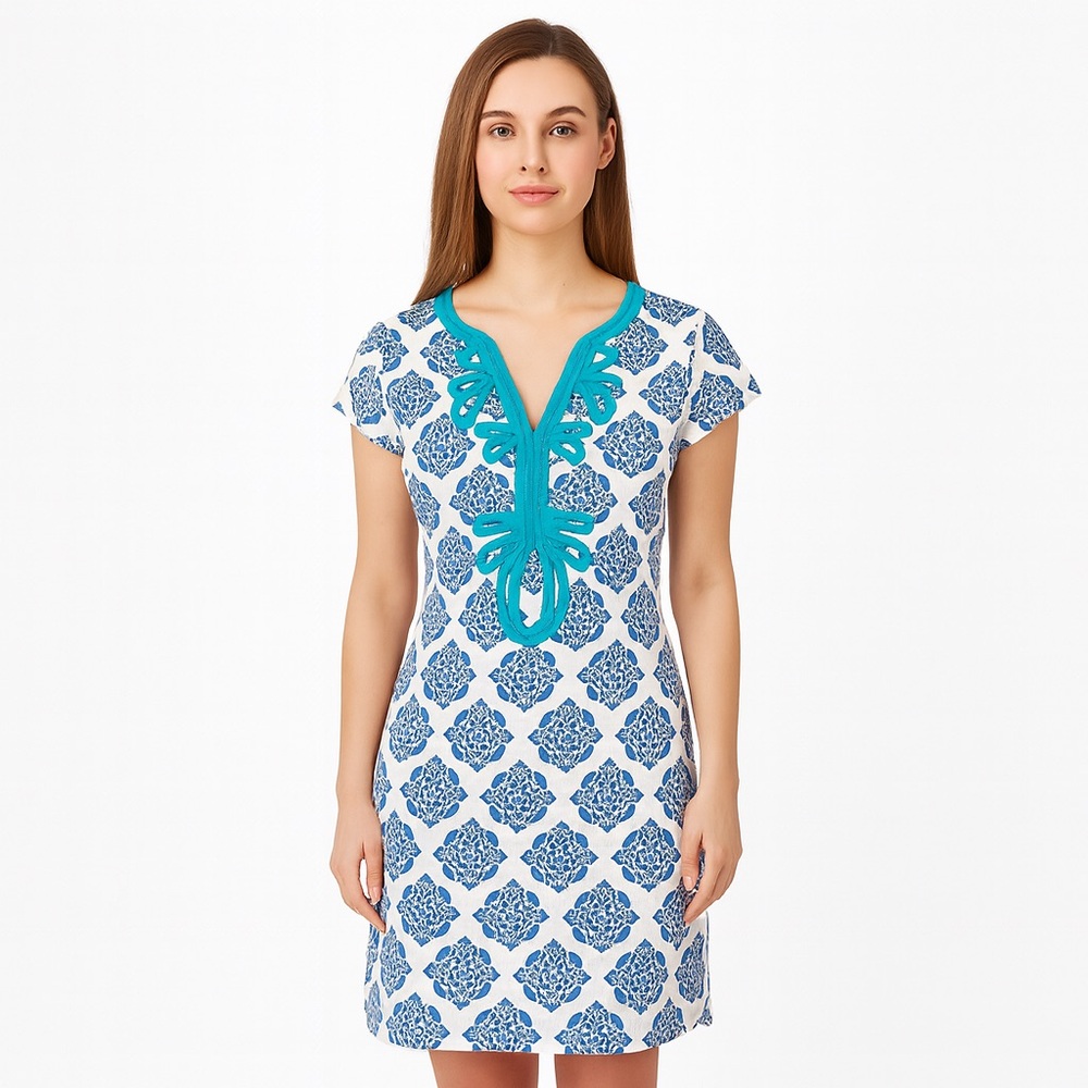 Hatley Women’s White Blue Floral Shirt Sleeved Fitted Midi Dress Size Medium